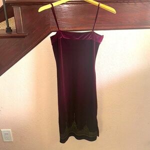 Patty USA Vintage Elegant Burgundy & Gold Velvet Midi Slip Sleeveless Dress SML